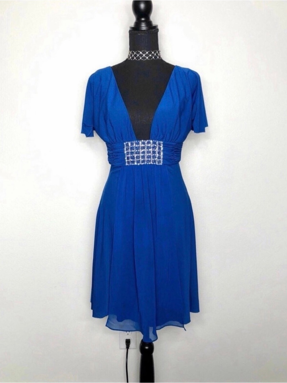 Fredrick’s of Hollywood Blue Plunging Neck Beaded & Sequined Fit and Flare Dress